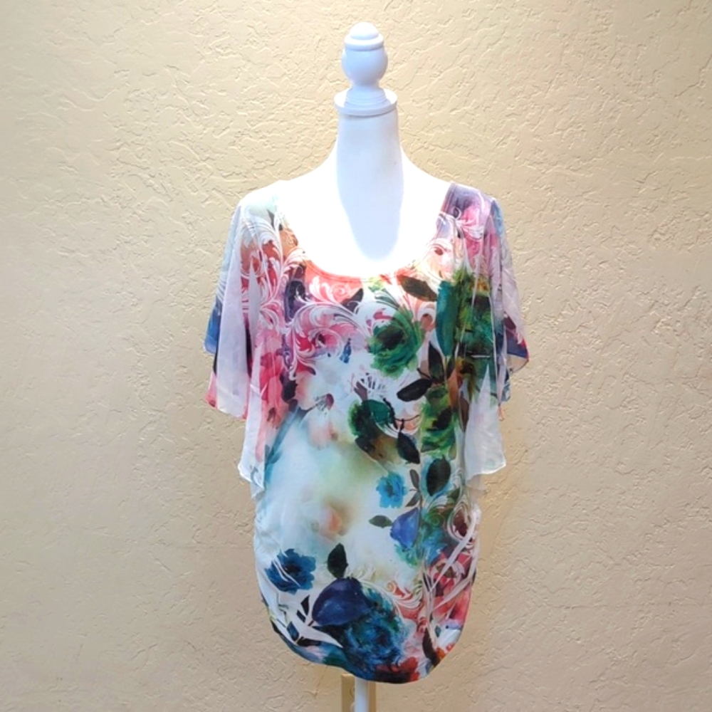 🌻 Espresso White Floral Chiffon Flutter Sleeve Ruched Sides Boho Top Large